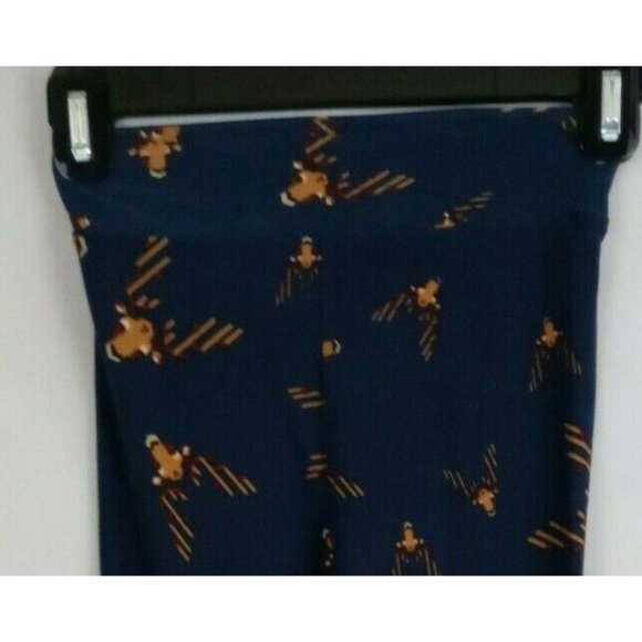 New LuLaRoe Leggings Blue With Light Brown Deer Design Kids Size L/XL - Picture 4 of 6